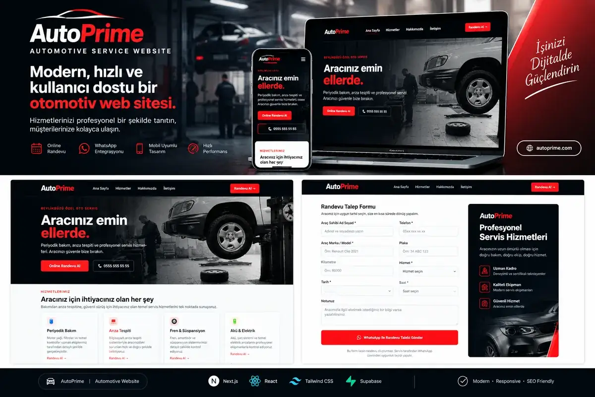 AutoPrime otomotiv web sitesi masaüstü ve mobil ekranları