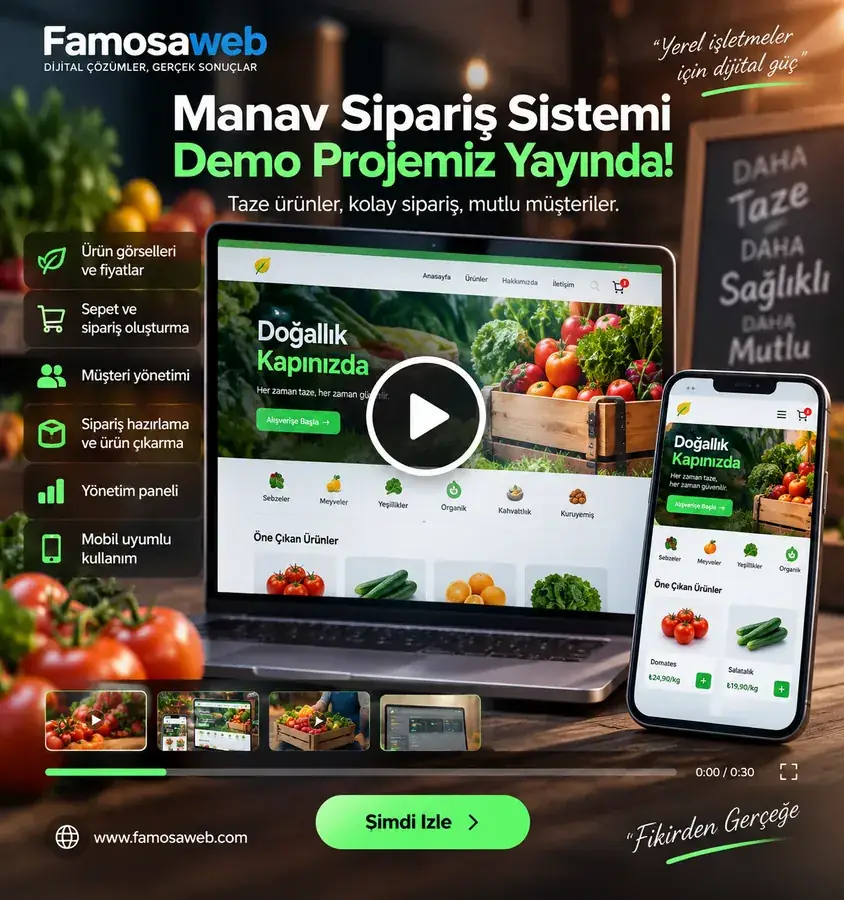 Manav sipariş sistemi web sitesi ve mobil ekran demo görseli