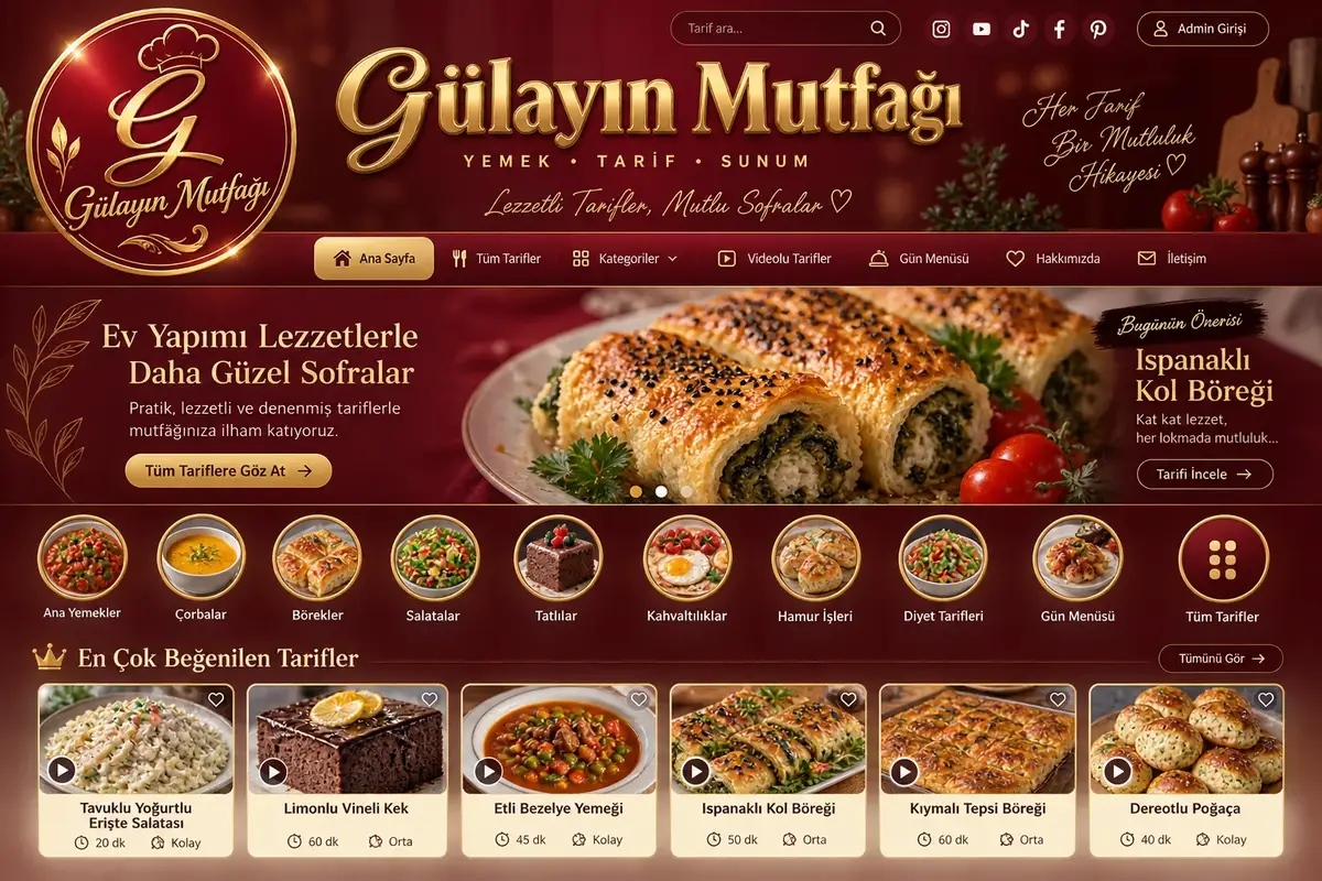 Gülay'ın Mutfağı tarif ve video platformu web sitesi ekranı
